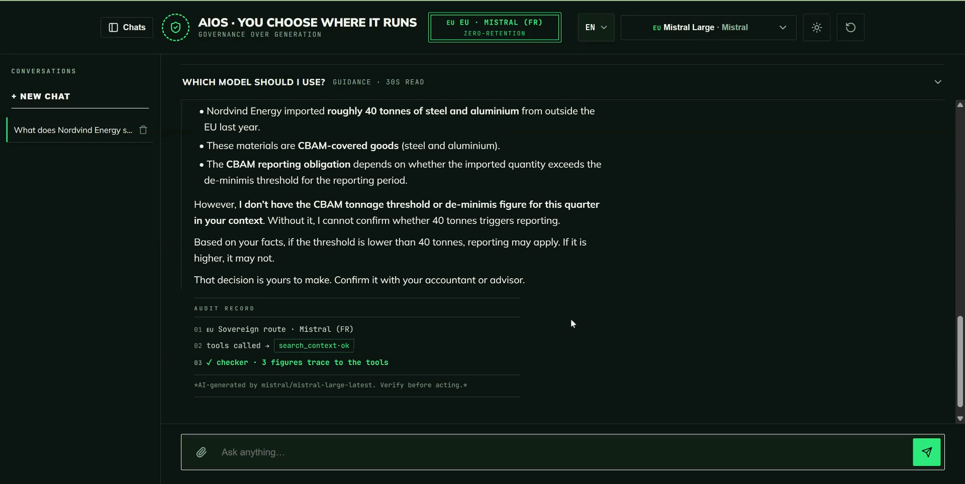The recorded interface at 59.40 seconds, showing the answer and its audit record.